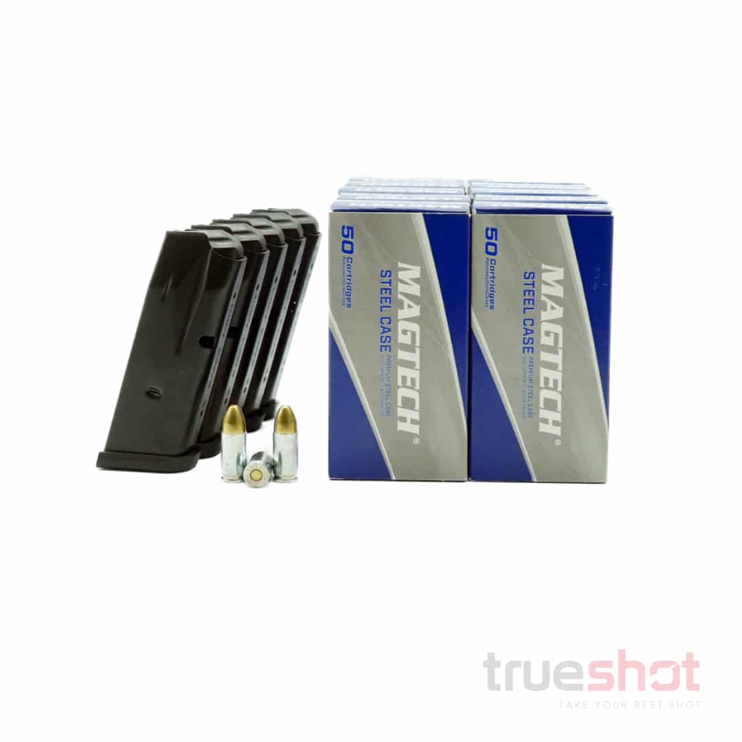 BUNDLE DEAL: 5 Black 15 Round Smith & Wesson M&P Shield Plus Magazine and 500 Rounds of Ammo