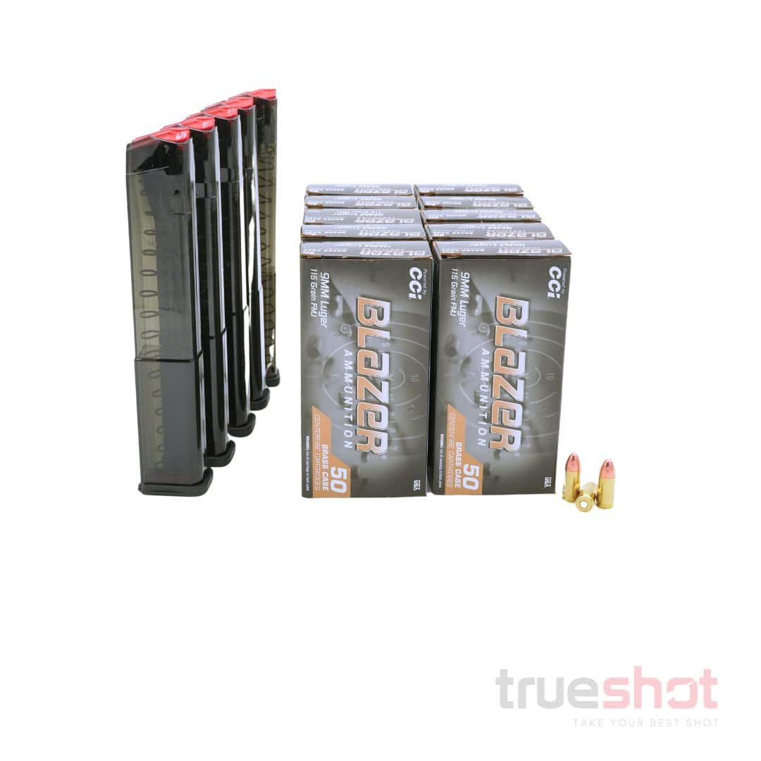 BUNDLE DEAL: 5 Carbon Smoke 32 Round ETS Glock Magazines and 500 Rounds of Ammo