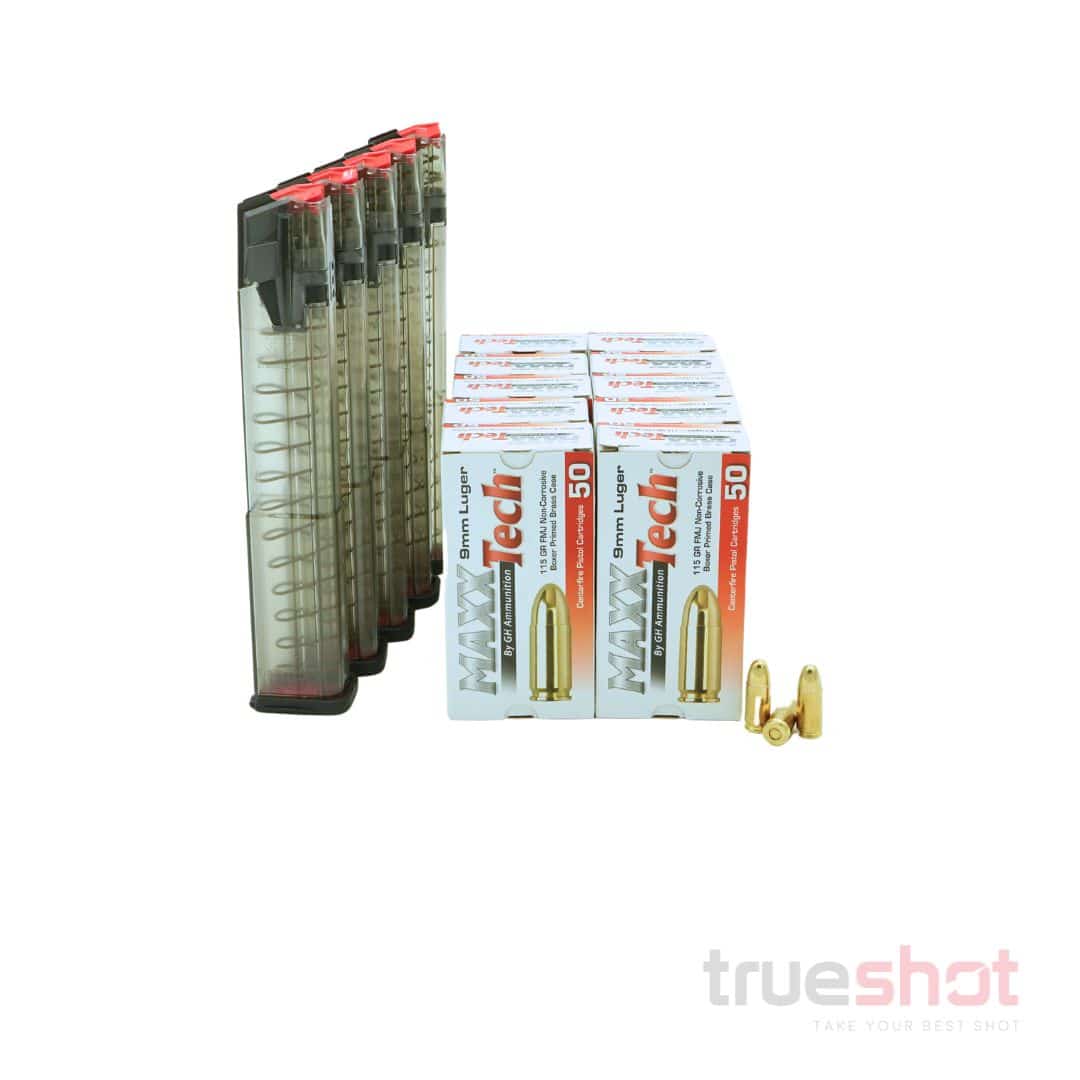 BUNDLE DEAL: 5 Clear 30 Round ETS Glock Magazines and 500 Rounds of Ammo