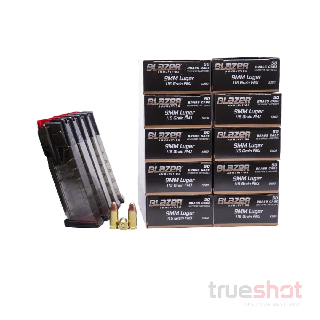 BUNDLE DEAL: 5 Clear 17 Round ETS Glock Magazines and 500 Rounds of Ammo