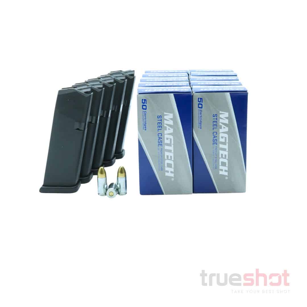 BUNDLE DEAL: 5 Black 15 Round Glock G19 Magazines and 500 Rounds of Ammo