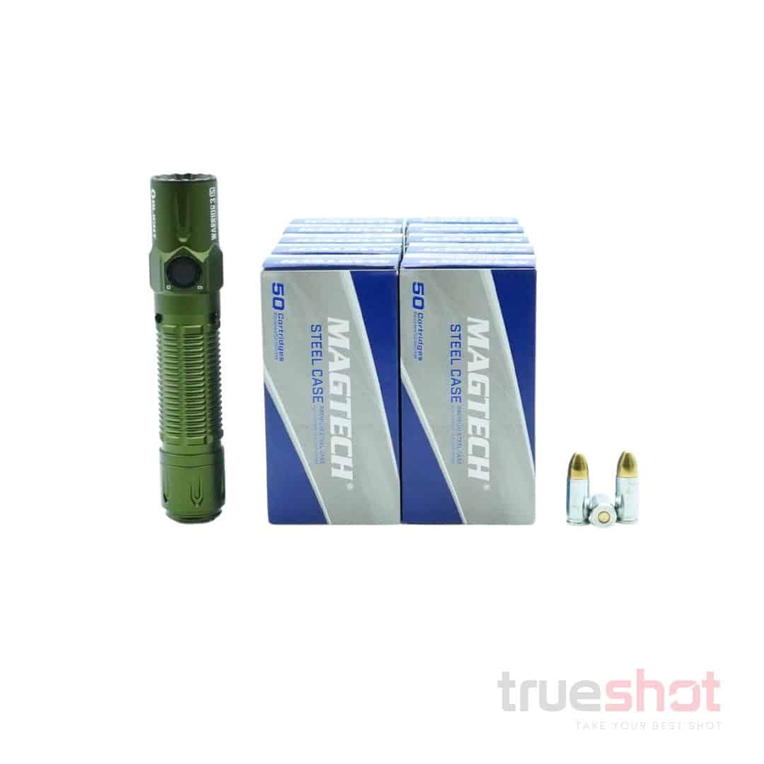 BUNDLE DEAL: OD Green Olight Warrior 3S High Beam Tactical Flashlight and 500 Rounds of Ammo