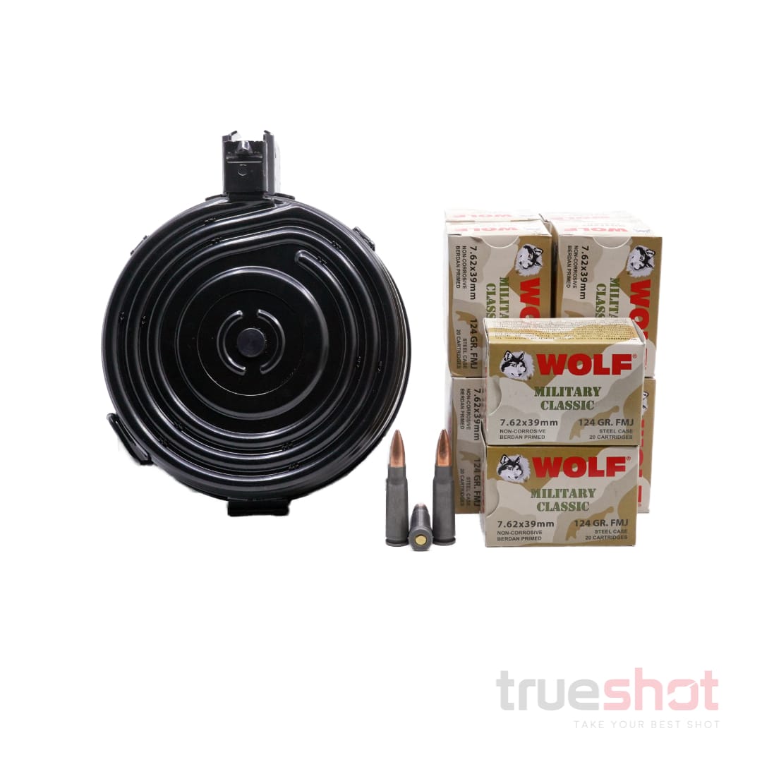 BUNDLE DEAL: Black 75 Round Steel KCI AK-47 Drum Mag and 200 Rounds of Ammo