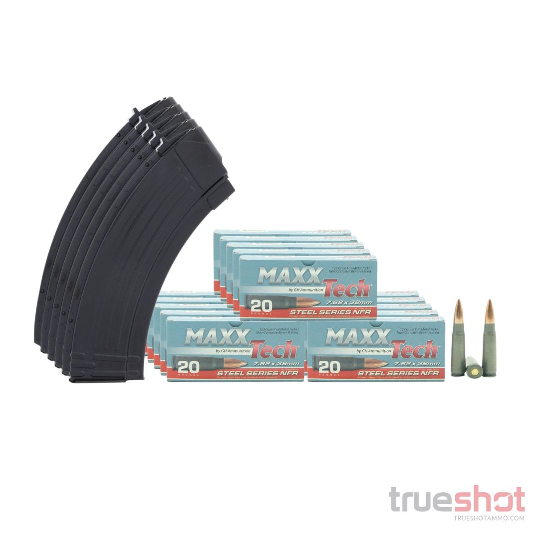 MAGAZINE BUNDLE: 5 KCI - AK-47 - 30 Round Steel Magazine with Maxxtech - Steel Series NFR - 7.62x39 - 123 Grain - FMJ - Steel - 300 Rounds