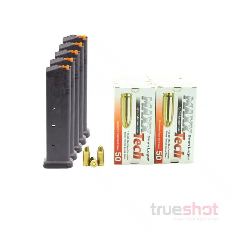 BUNDLE DEAL: 5 Black 21 Round Magpul GL9 Glock Magazine and 500 Rounds of Ammo