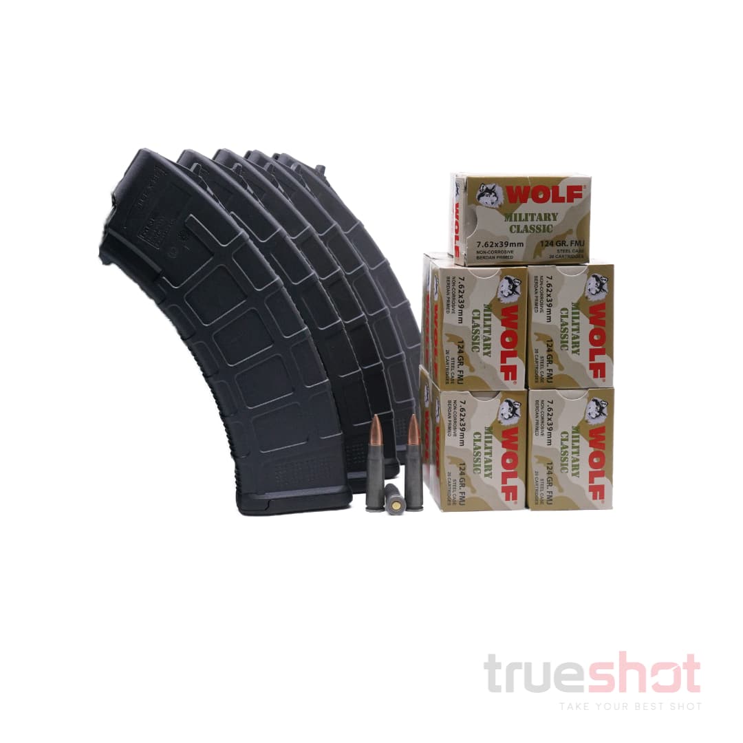 BUNDLE DEAL: 5 Black 30 Round Magpul AK PMAGs and 200 Rounds of Ammo