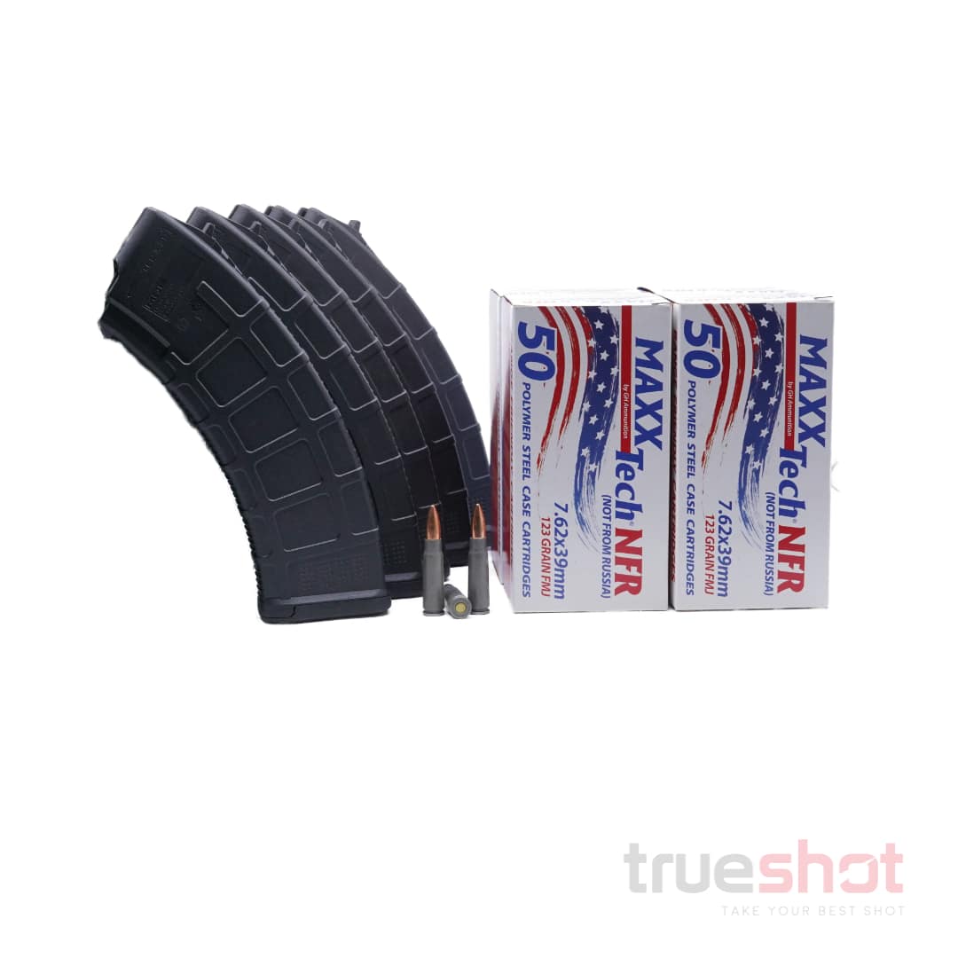 BUNDLE DEAL: 5 Black 30 Round Magpul AK PMAGs and 200 Rounds of Ammo