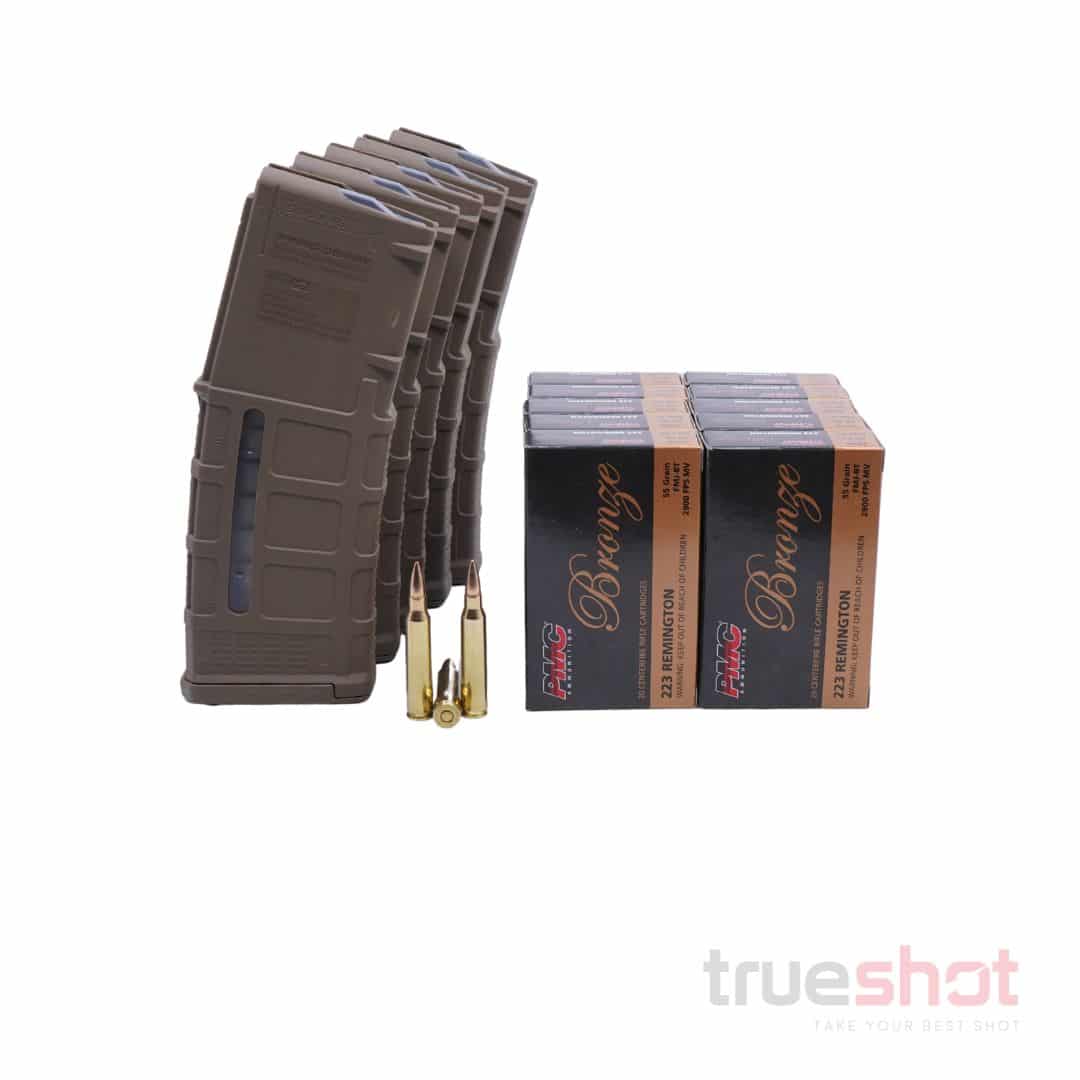BUNDLE DEAL: 5 Tan 30 Round Magpul M3 Window AR-15 Magazines and 200 Rounds of Ammo