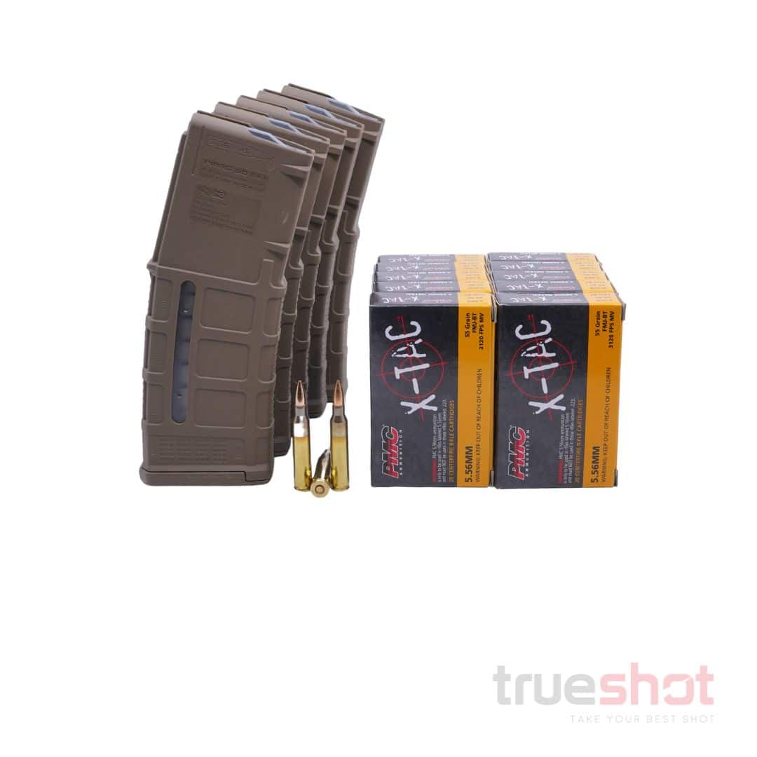 BUNDLE DEAL: 5 Tan 30 Round Magpul M3 Window AR-15 Magazines and 200 Rounds of Ammo