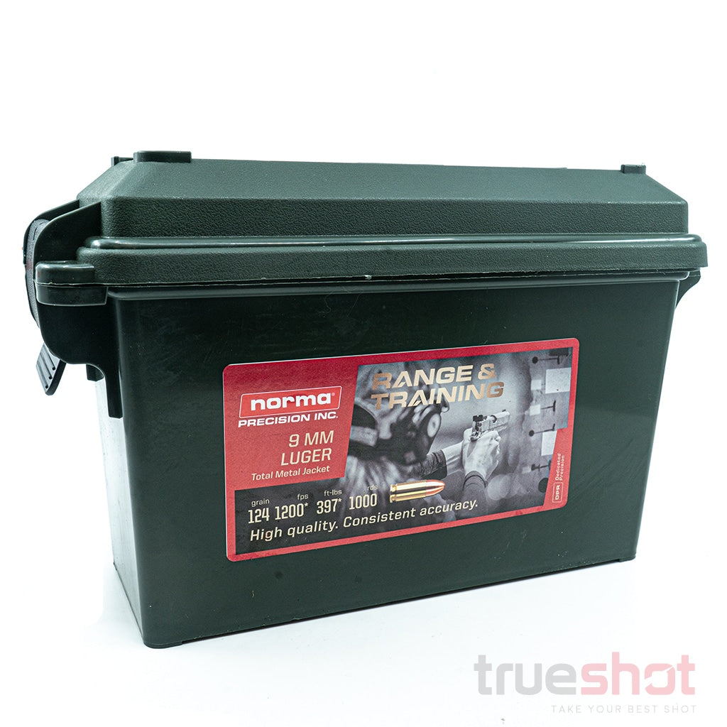 Norma 9mm Ammo, 124 Grain, Full Metal Jacket FMJ, Ammo Can, 1000 Round Ammo Can