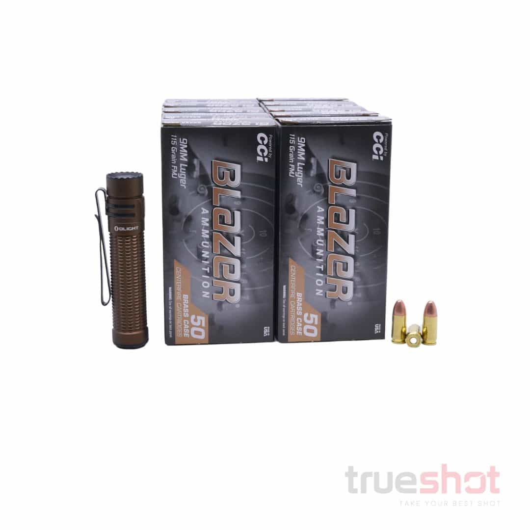 BUNDLE DEAL: Tan Olight Warrior Mini 3 Tactical Flashlight and 500 Rounds of Ammo