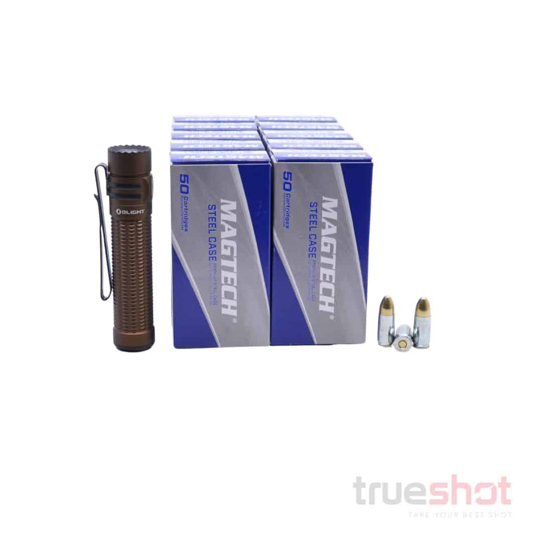 BUNDLE DEAL: Tan Olight Warrior Mini 3 Tactical Flashlight and 500 Rounds of Ammo