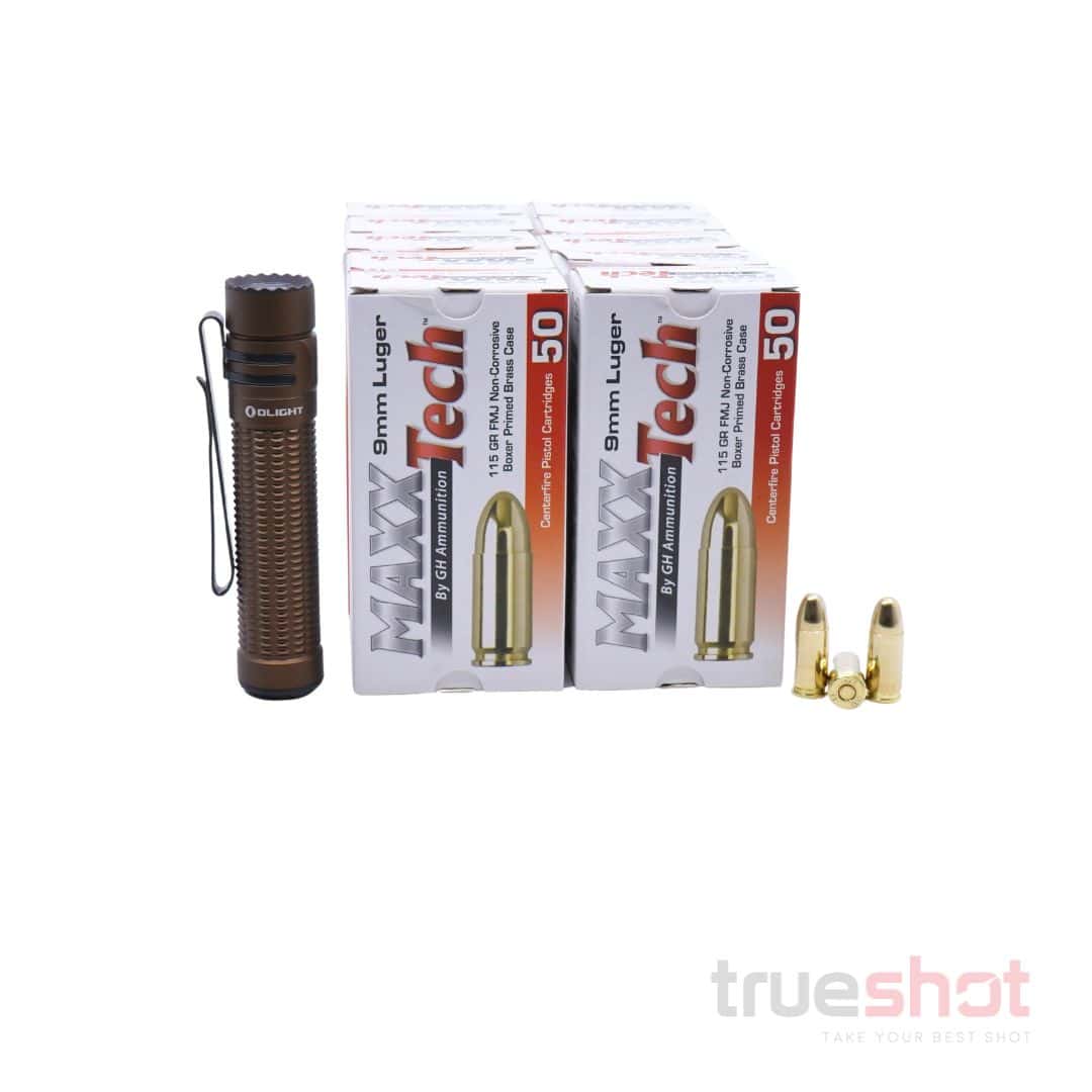 BUNDLE DEAL: Tan Olight Warrior Mini 3 Tactical Flashlight and 500 Rounds of Ammo