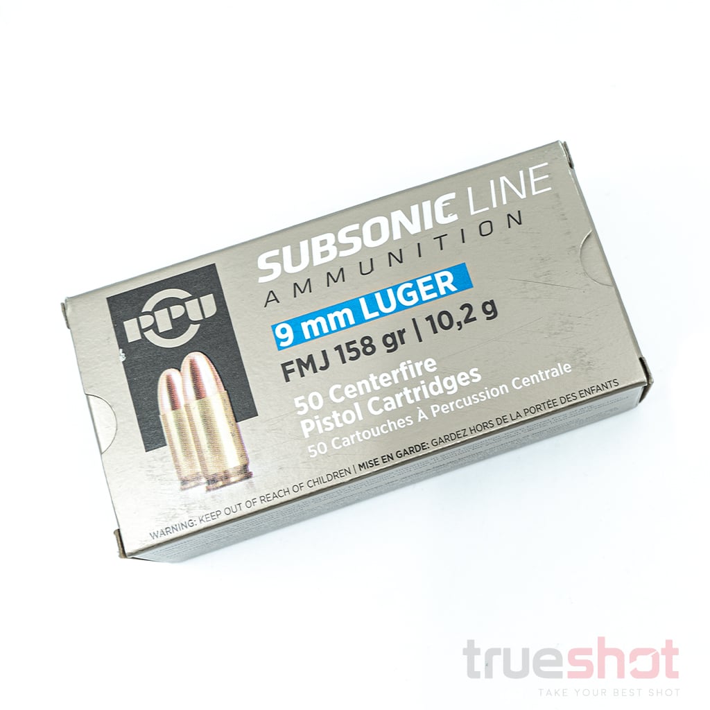 PPU Subsonic 9mm 158 Grain Full Metal Jacket Box of 50 Rounds