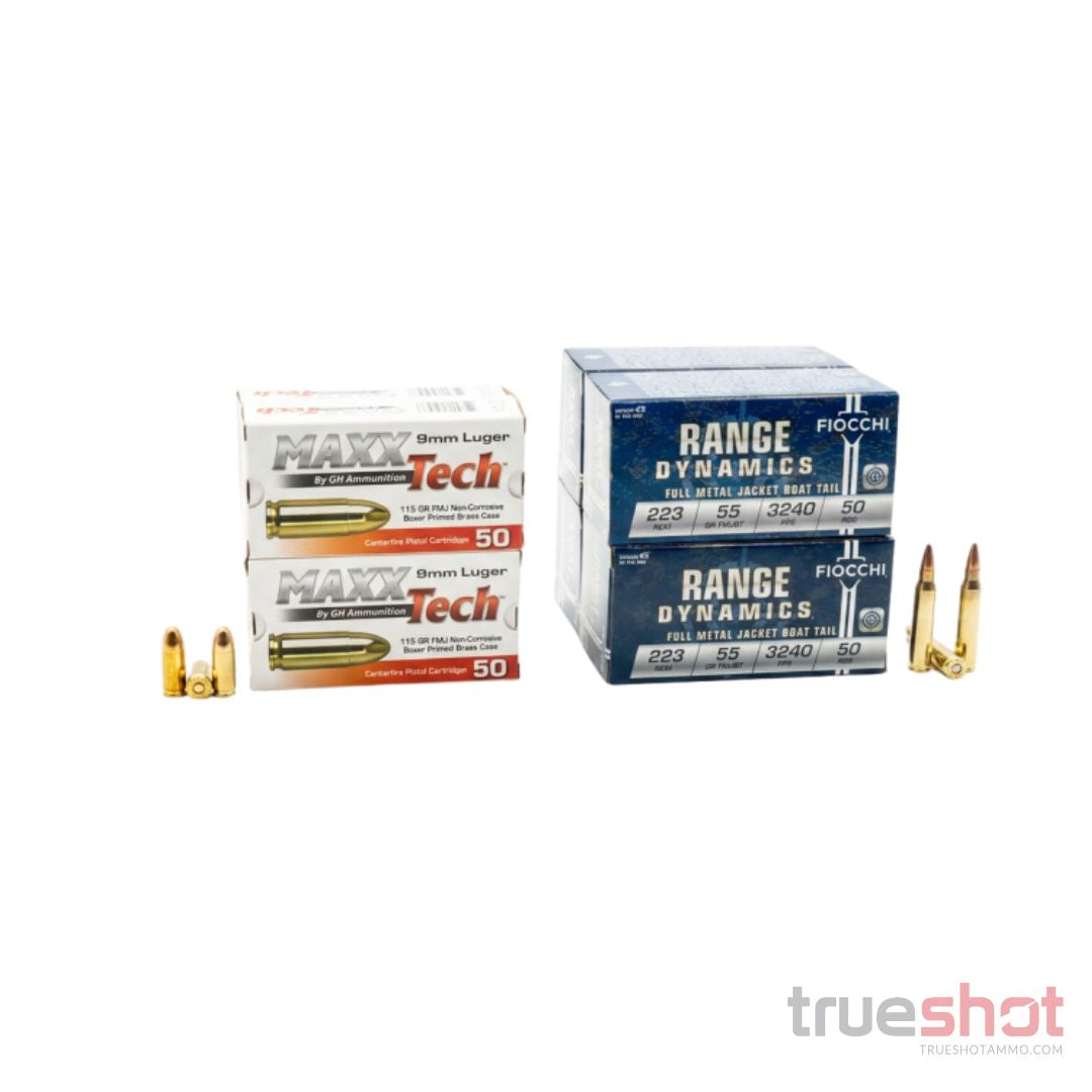 RANGE BUNDLE: 200 Rounds of Maxxtech 9mm - 115 Grain and 200 Rounds of Fiocchi 223 - 55 Grain