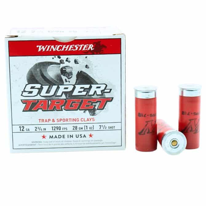 A box of Winchester Super Target 12 Gauge ammunition with #7.5 Shot, alongside two red shells of ammunition.