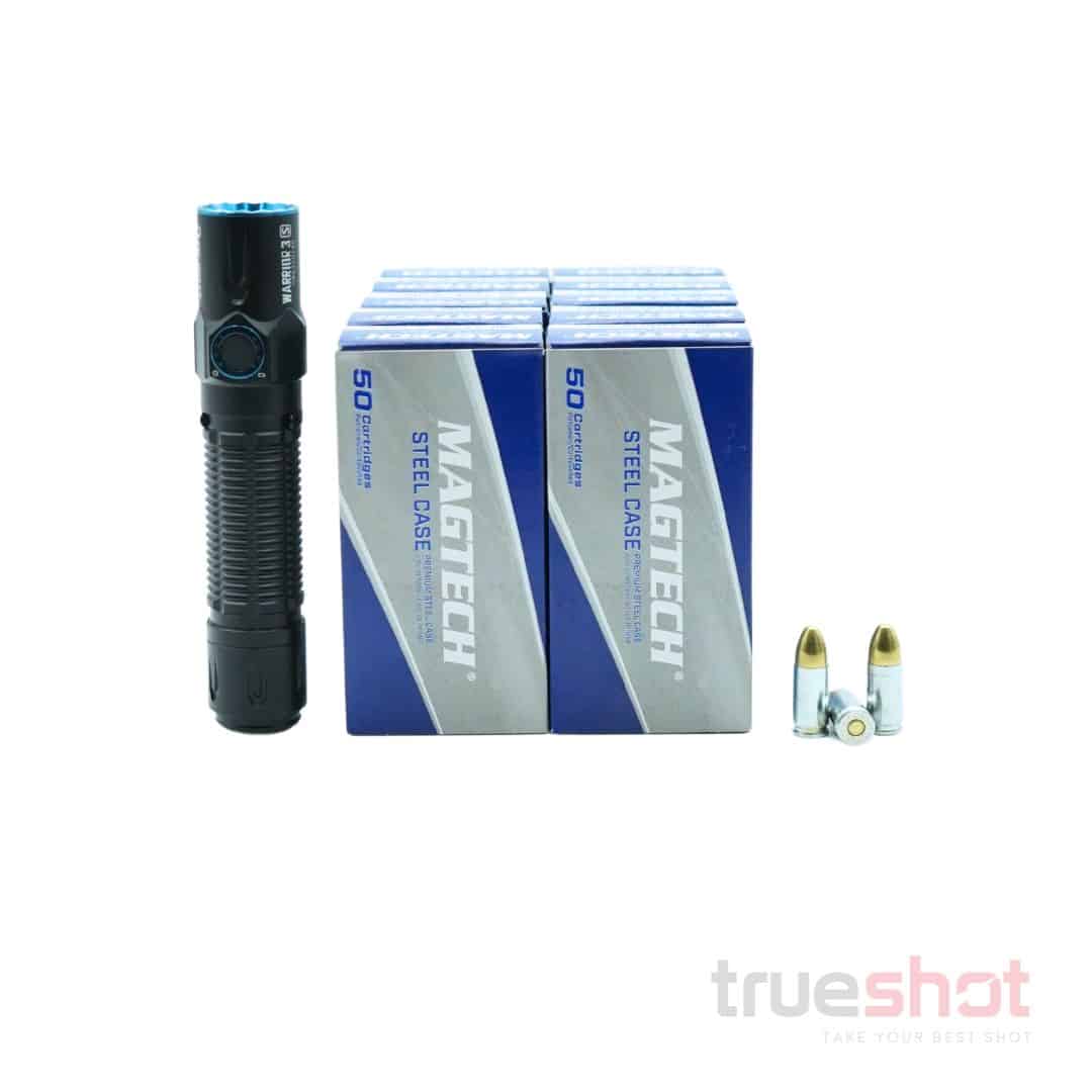 BUNDLE DEAL: Black Olight Warrior 3S High Beam Tactical Flashlight and 500 Rounds of Ammo