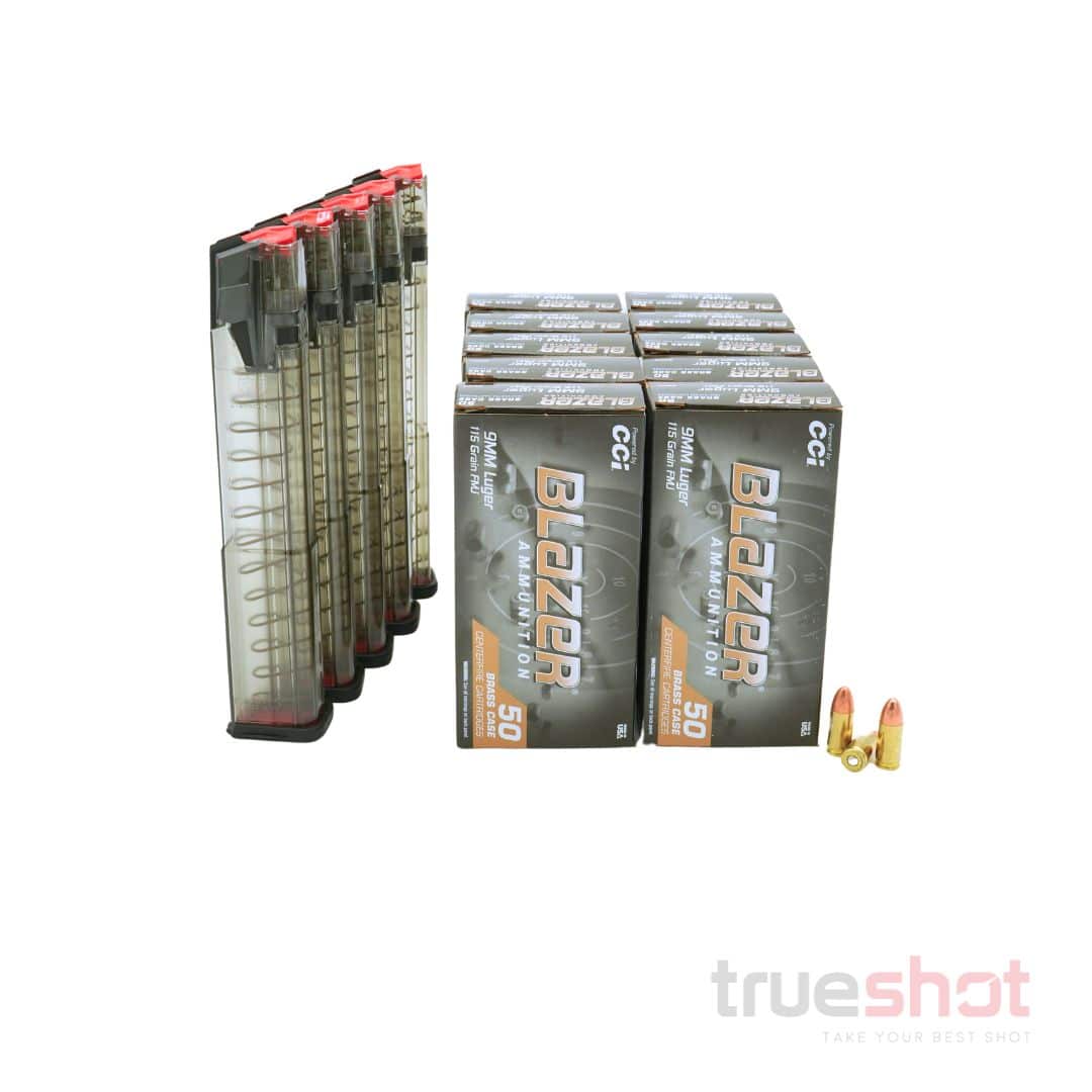 BUNDLE DEAL: 5 Clear 30 Round ETS Glock Magazines and 500 Rounds of Ammo