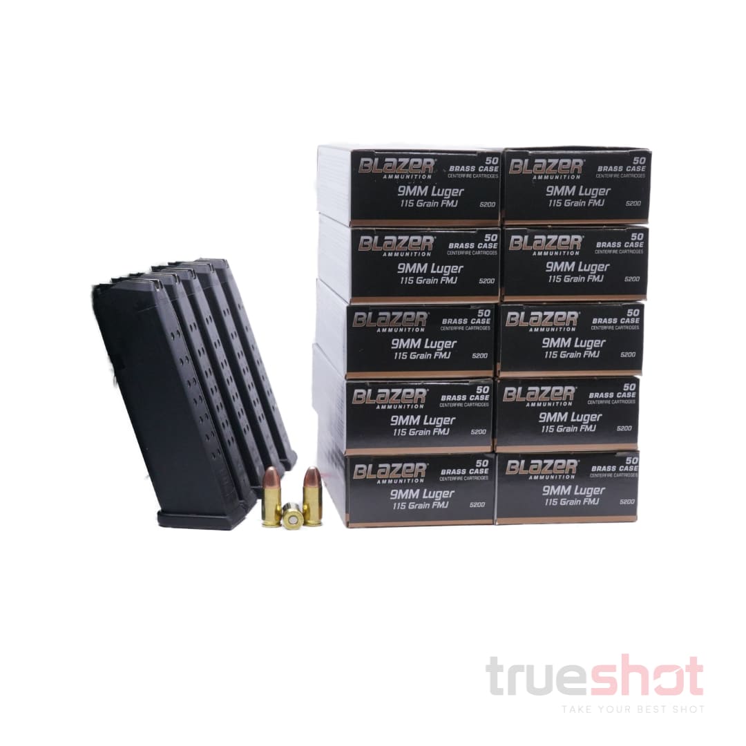 BUNDLE DEAL: 5 Black 17 Round Glock Magazines and 500 Rounds of Ammo