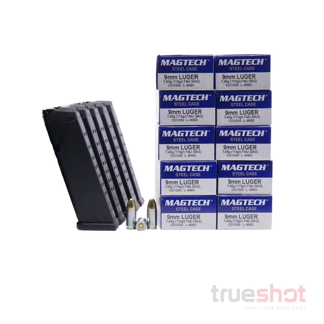 BUNDLE DEAL: 5 Black 17 Round Glock Magazines and 500 Rounds of Ammo