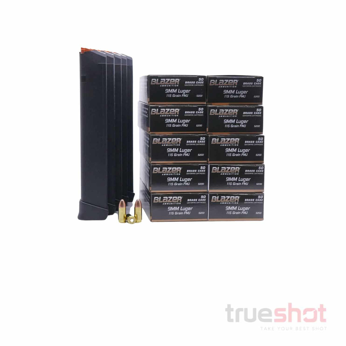 BUNDLE DEAL: 5 Black 33 Round Glock Magazines and 500 Rounds of Ammo