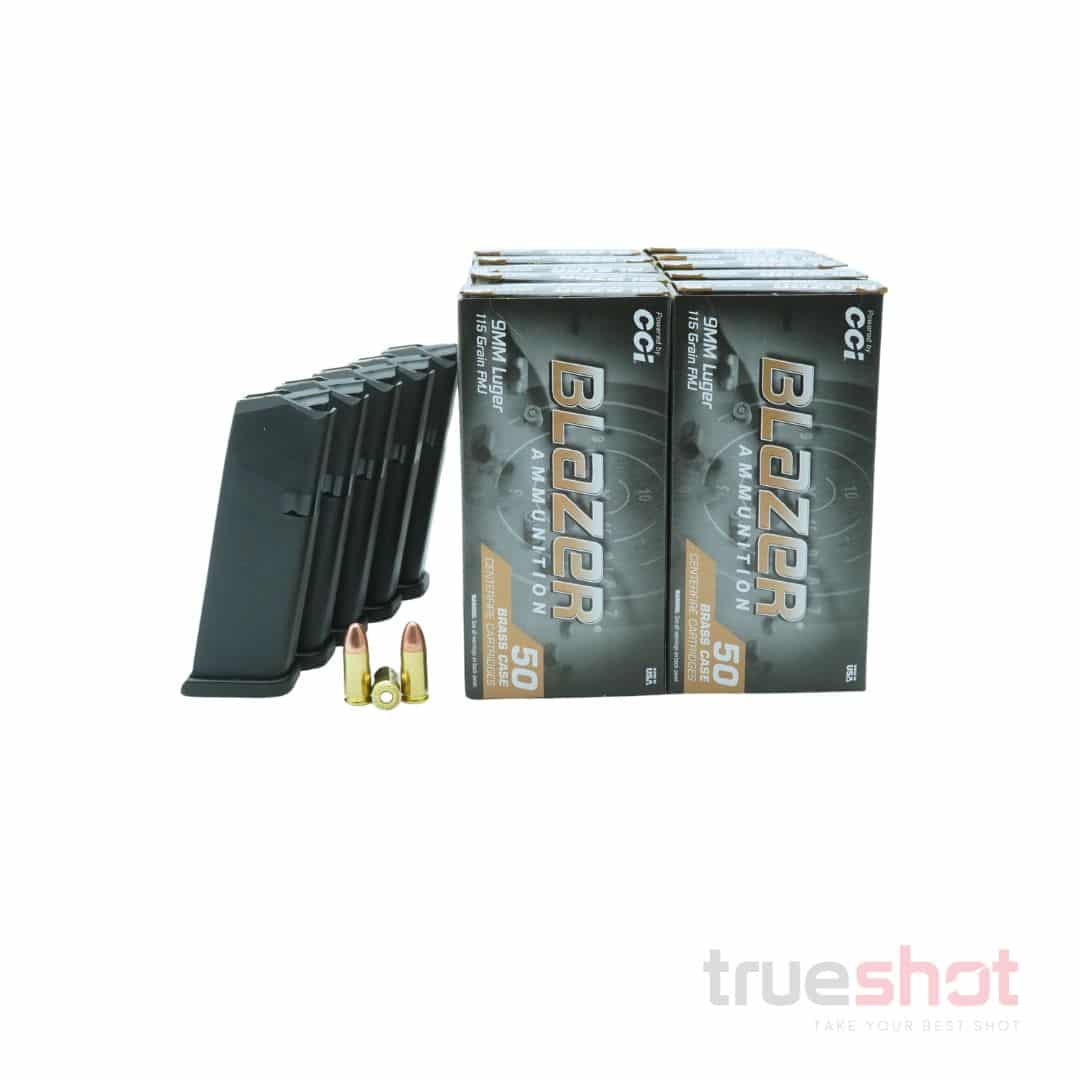 BUNDLE DEAL: 5 Black 15 Round Glock G19 Magazines and 500 Rounds of Ammo