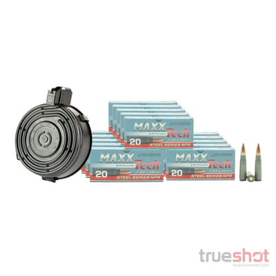 MAGAZINE BUNDLE: KCI - AK-47 - 75 Round Drum Steel Magazine with Maxxtech - Steel Series NFR - 7.62x39 - 123 Grain - FMJ - Steel - 300 Rounds