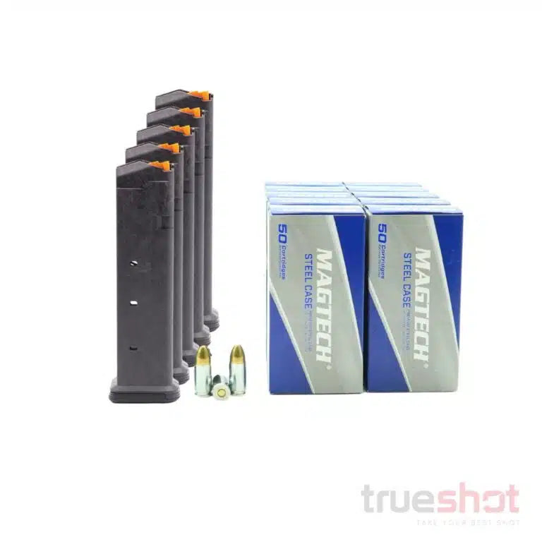 BUNDLE DEAL: 5 Black 21 Round Magpul GL9 Glock Magazine and 500 Rounds of Ammo
