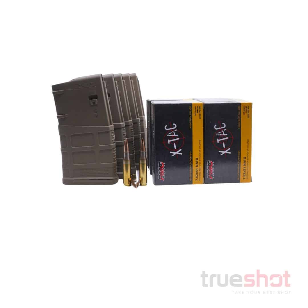 Bundle Deal: 5 Tan 20 Round Magpul M3 AR-10 PMAGs and 200 Rounds of Ammo