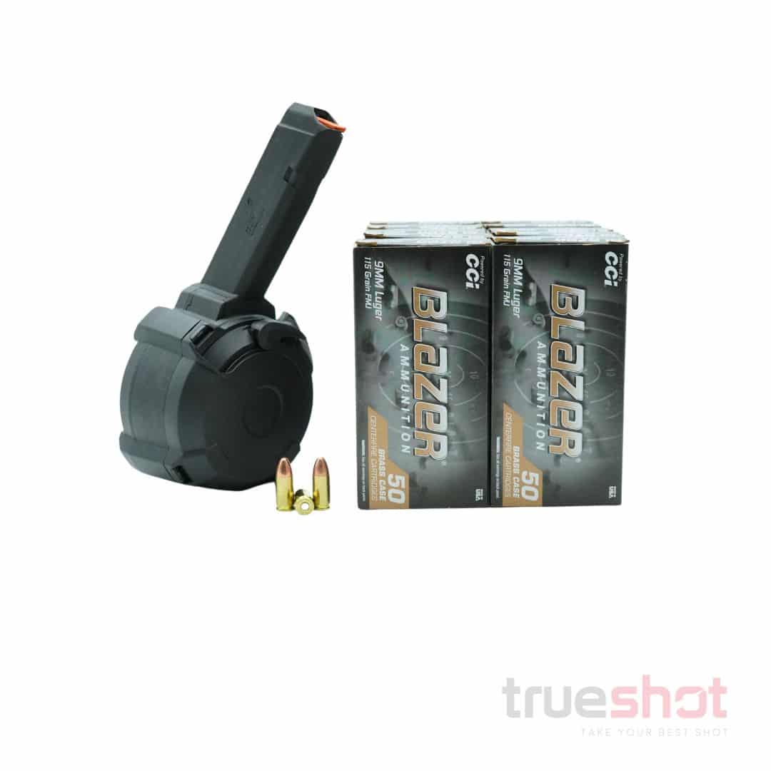 Bundle Deal: Black 50 Round Magpul D-50 GL9 Glock Drum Magazine and 500 Rounds of Ammo