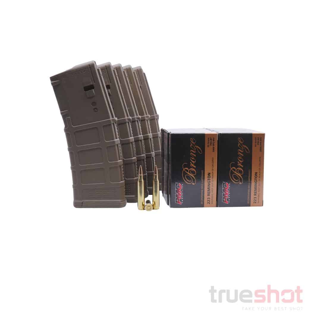 BUNDLE DEAL: 5 Tan Magpul AR-15 PMAGS and 200 Rounds of Ammo