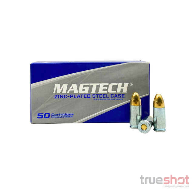 A box of Magtech 50 Cartridges Zinc-Plated Steel Case ammunition, shown with three individual cartridges standing and lying on a white background.