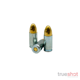Three handgun cartridges displayed against a white background, with two standing upright and one lying horizontally in front. The cartridges have brass-colored bullets and silver-colored casings, with a True Shot Ammo watermark in the lower-right corner.