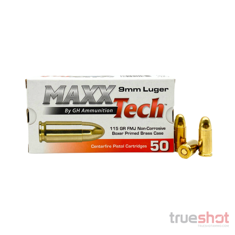 A box of MAXXTech 9mm Luger centerfire pistol cartridges by GH Ammunition, shown on a white background with three brass cartridges placed in front of the box.