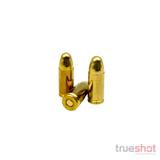 Three brass 9mm bullets arranged on a plain white background, with one lying on its side showing the base.