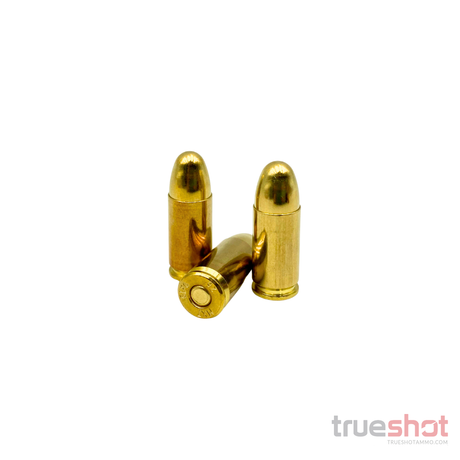 Three brass 9mm bullets arranged on a plain white background, with one lying on its side showing the base.