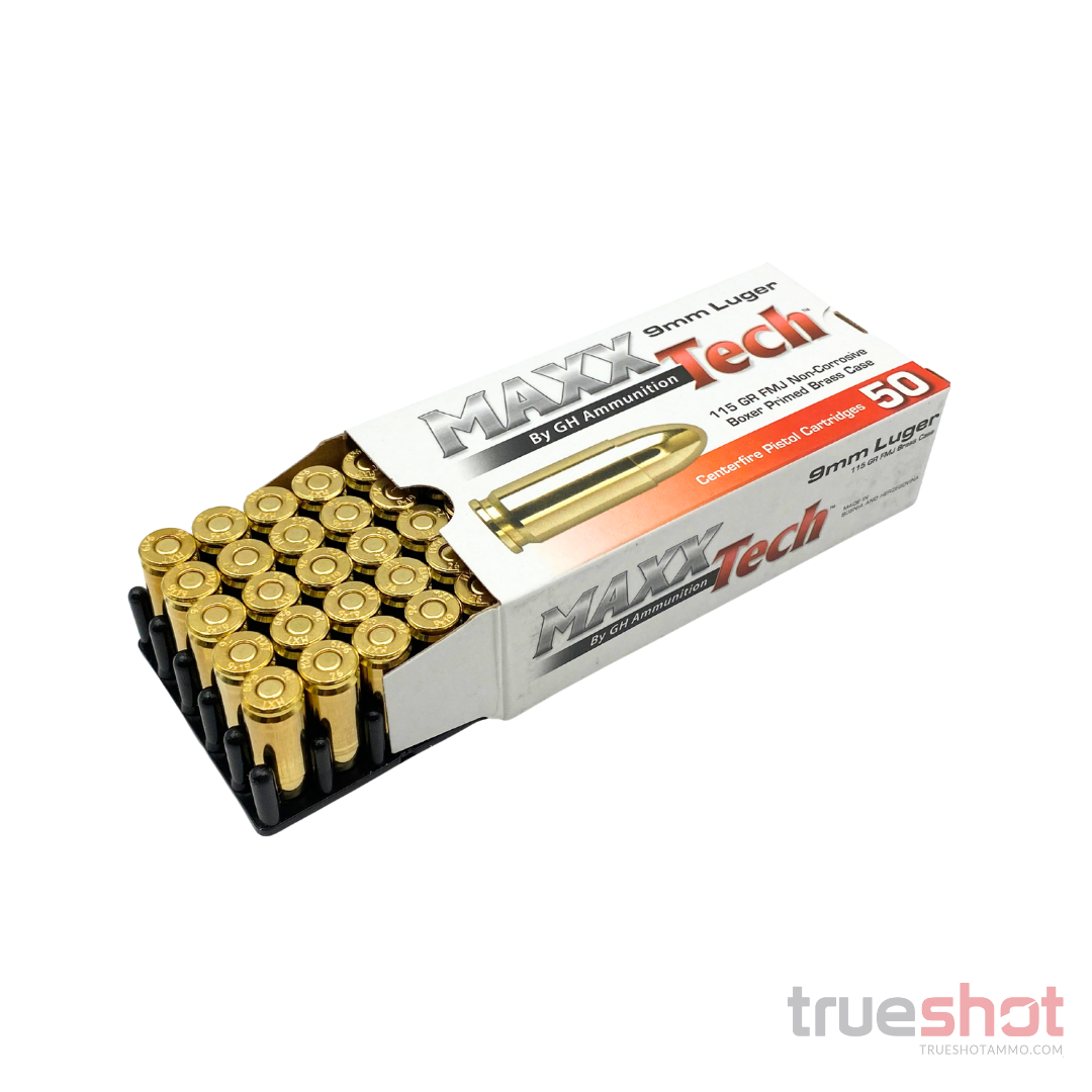 A box of MAXX Tech 9mm Luger Center Fire Carbine Ammunition, showing 20 brass-cased cartridges in a black tray next to the white and red retail packaging, on a white background.