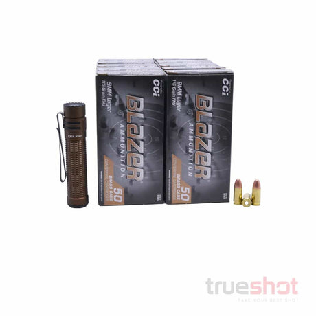BUNDLE DEAL: Tan Olight Warrior Mini 3 Tactical Flashlight and 500 Rounds of Ammo