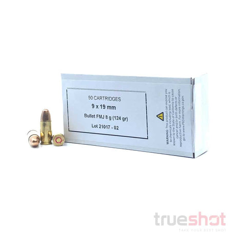 PPU 9mm 124 Grain FMJ in a white box