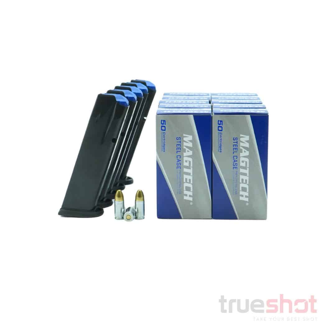BUNDLE DEAL: 5 Black 18 Round Walther PDP Magazines and 500 Rounds of Ammo