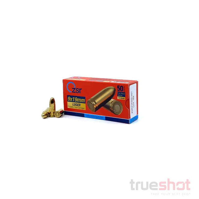 ZSR 9mm 115 grain ammunition in 50 round box